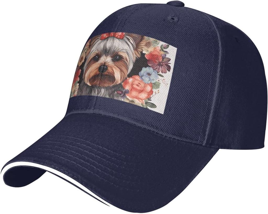 Yorkie Floral Print Baseball Cap Polyester Adjustable Casual Golf Dad Hat for Unisex