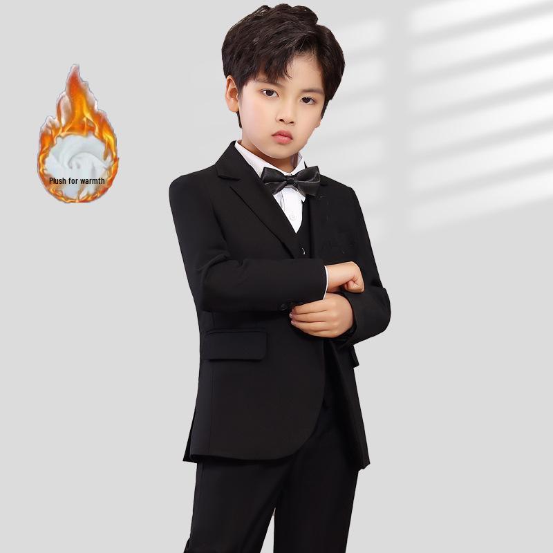 Boy's Formal Ensemble: Fleece White Shirt, Black Suit Pants, Vest, Page Boy Overalls, Performance Costume