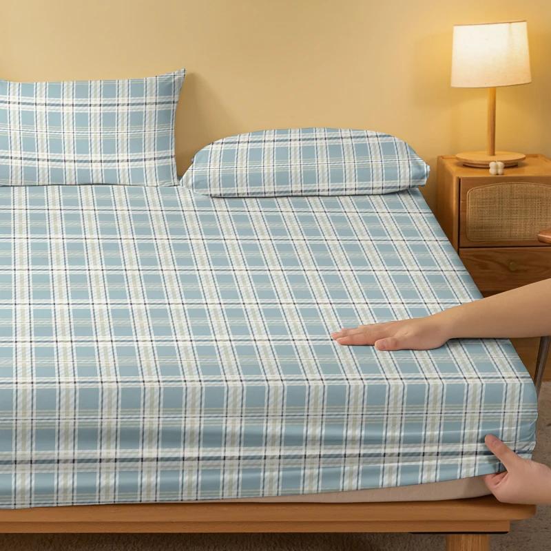 1 Simple Modern Grid Geometry Printed Matte Fitted Sheet, Bedroom Printed Bed Cover, Bedding (Excluding Pillowcases)