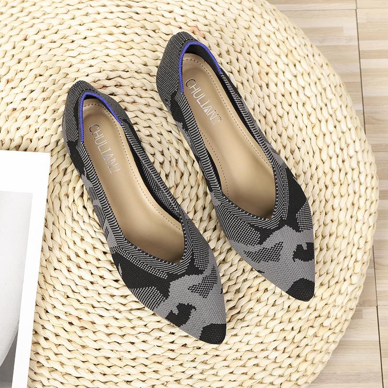 Shoes Pointed Fly-woven Shoes Flat-bottomed Breathable Woven Boat Shoes Leopard Print Light Mouth Stripe Color Single Shoes Women