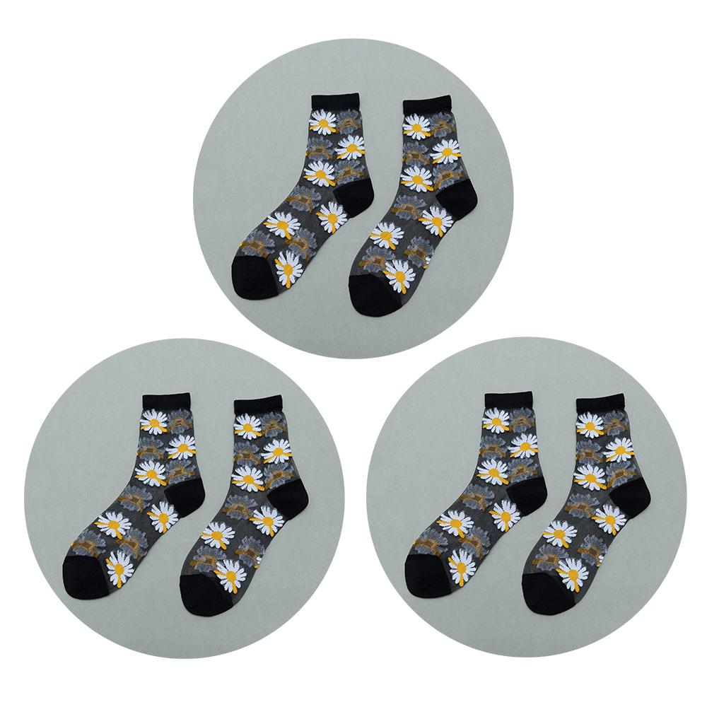3 Pairs Of Women's Flower Socks Summer Crystal Glass Stockings Medium Short Tube Thin Transparent Daisy  Jacquard Elastic  Socks