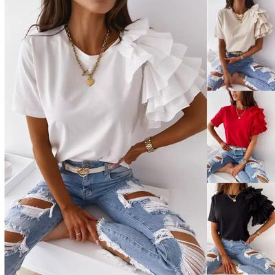O Neck T-shirt Ruffle Sleeve Nylon Women's Tops Solid Color Women's Clothing