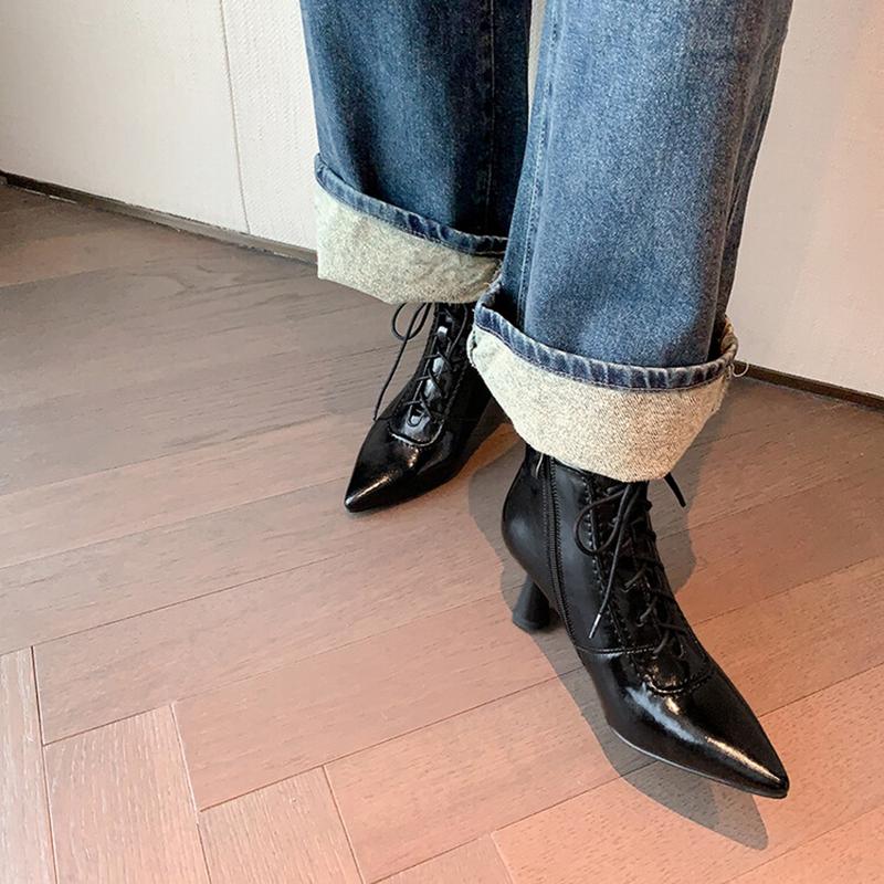 Fashion NEW Autumn Women Boots Pointed Toe Thin Heel Shoes Split Leather Shoes for Women Lace-up Zipper Ankle Boots Elegant Modern Boots