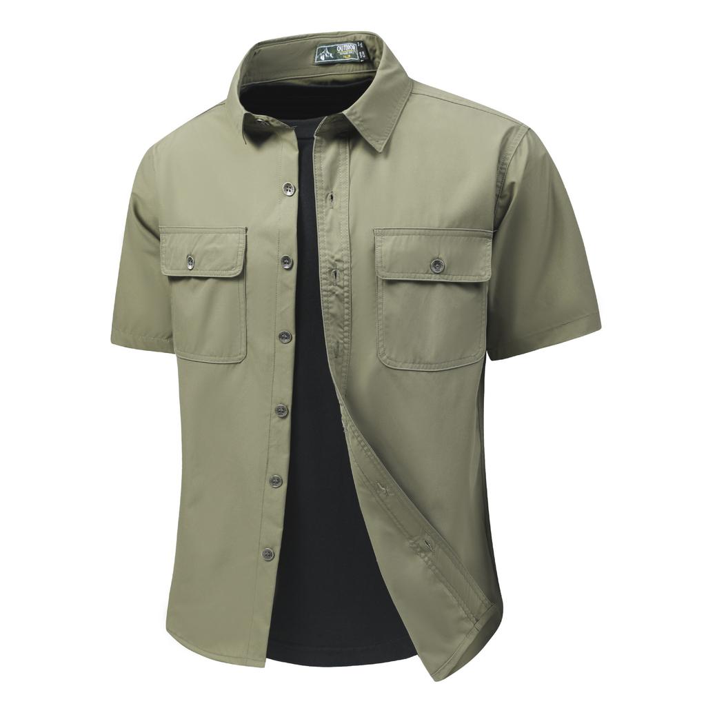 Men's Summer Ice Silk Shirt Elastic American Workwear Multi Pocket POLP Shirt Large Size Outdoor