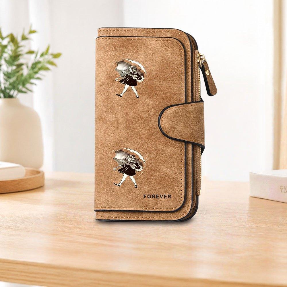 Girl with Umbrella and Piano Long Zipper Wallet, Large Capacity Card Holder, Unisex Clutch Bag, Fashionable Zippered Coin Purse, Suitable for Daily