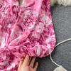 Women's Spring Summer Bohemian Beach Dress Backless Puff Sleeve Flower Print Party Midi Dresses