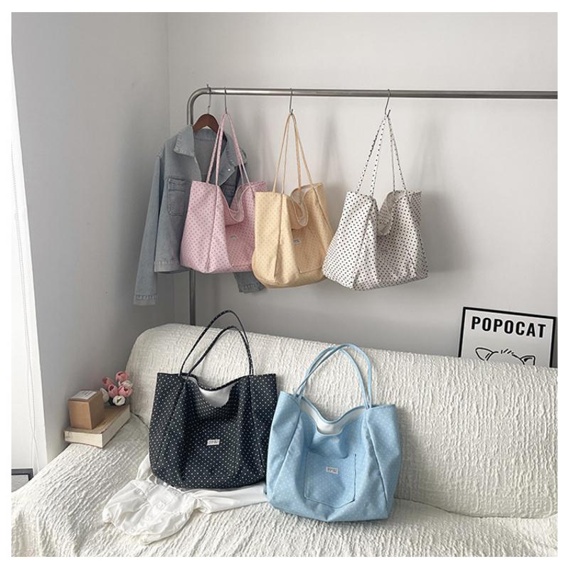 Large Capacity Canvas Tote Bag for Women Polka Dot Student School Commuting Korean Style Literary Shoulder Bag