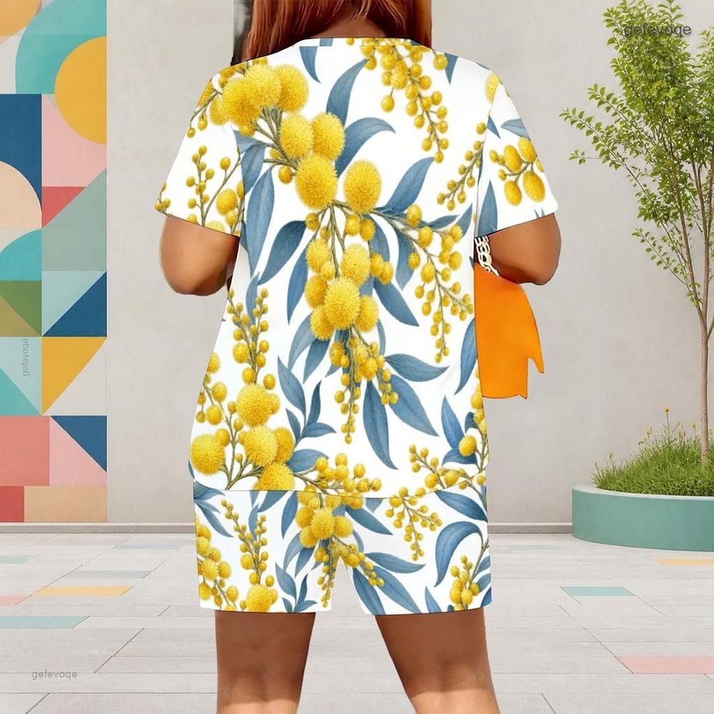 Women Plus Size White Printed Round Neck Short Sleeve Top Pocket Shorts Two Piece Set