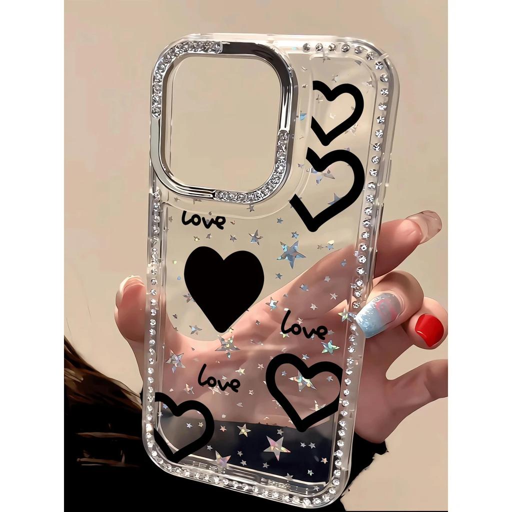 Love Black Love Applies To Apple iPhone16/17Pro Mobile Phone Case 15 Flash Diamonds 13 Advanced 14 Large Holes