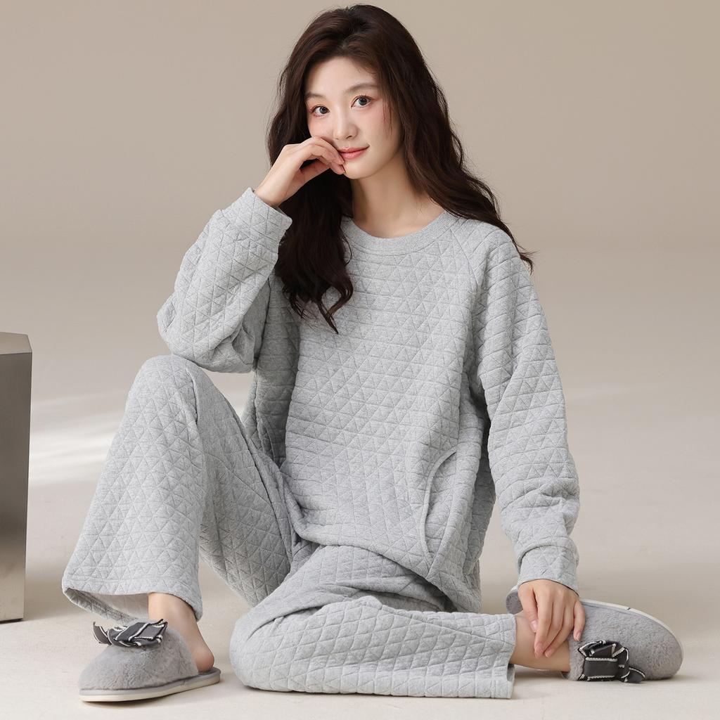 Air Cotton Sandwich Pajamas Women'S Autumn And Winter Cotton Long-Sleeved Thickened And Wearable Loungewear Set