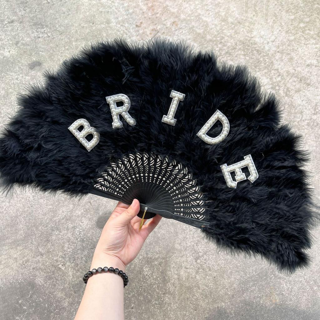 Bridal Accessories, Pearls, English Letters, Bride,White, Feather Folding Fan, Bachelor Party, Bride's Wedding Gift