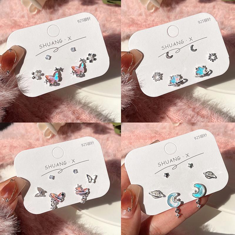6Pcs/Set Women Colorful  Pentagram Star Moon Butterfly Stud Earring Trendy Punk Sweet Cool Earrings Aesthetic Jewelry