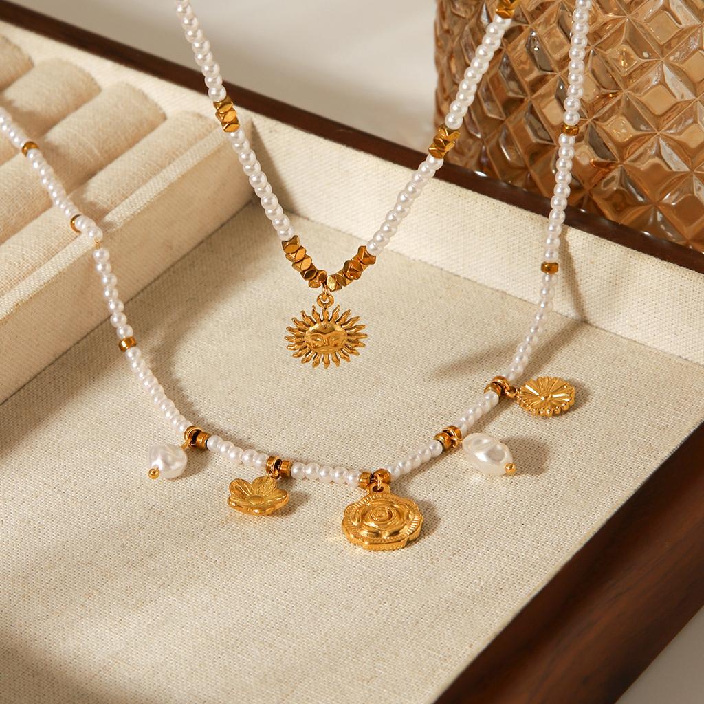 Euro-American Style Pearl Chain Stainless Steel Sunflower Pendant Necklace for Women, High-end Accessory and Outfit Jewelry