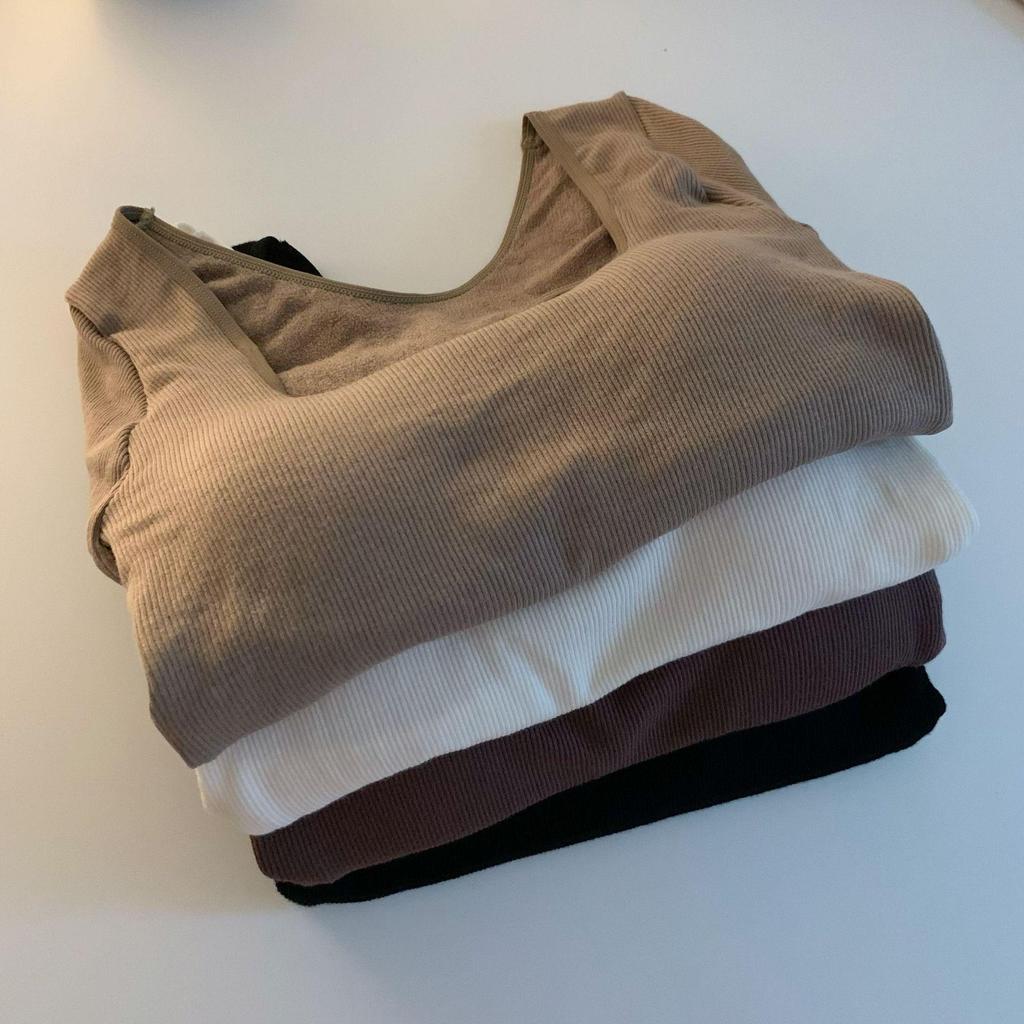 Korean Long Sleeve Fleece-Lined Slim Fit Square Neck Undershirt for Women