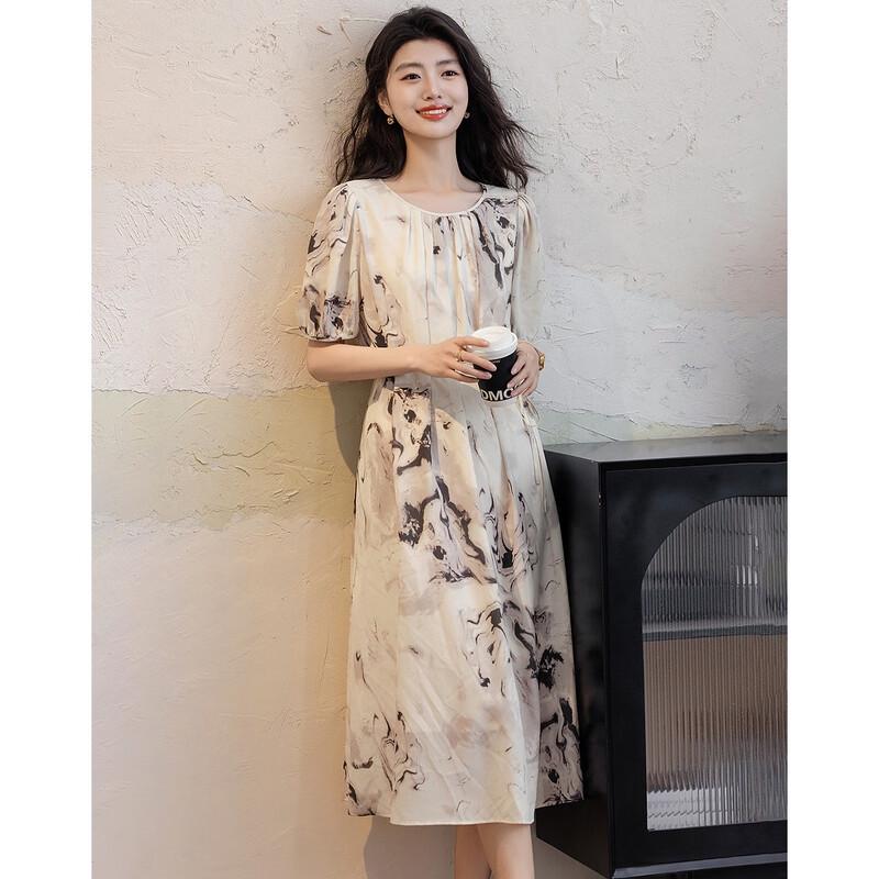 Demana New Chinese Style Printed Puff Sleeve Midi Dress