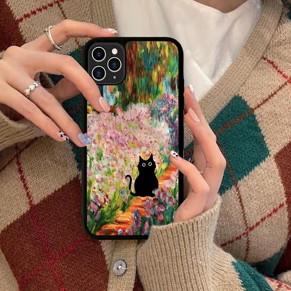 Cartoon Animal Black Cat Oil Painting Phone Case Silicone PC+TPU For For IPhone 11 12 13 14 15 16 Plus Pro Max Cover