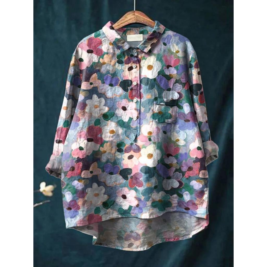 Women's Turn Down Collar Long Sleeve Floral Print Shirt Loose Fit Elegant Casual Blouse