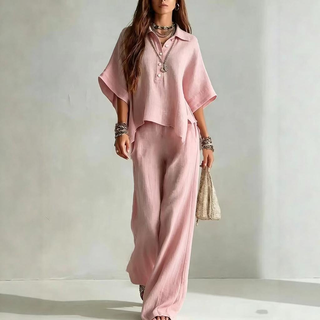 2026 New European and American Style Linen Wide-leg Pants Set Women's Summer Loose Shirt Two-piece Set Fashion Casual Trendy