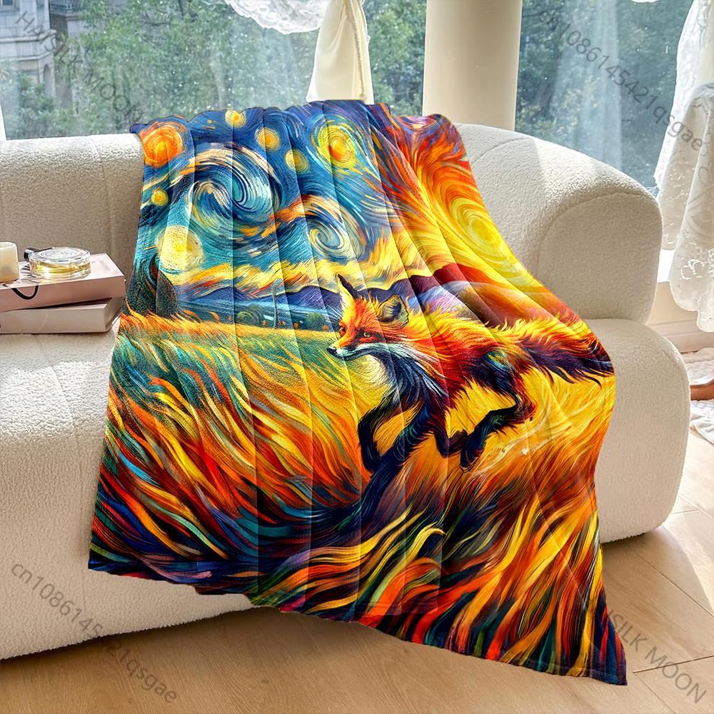 Multi-size Starry Night Running Fox Pattern Blanket Flannel Material Soft Warm for All Seasons, Home Outdoor Camping Picnics RV