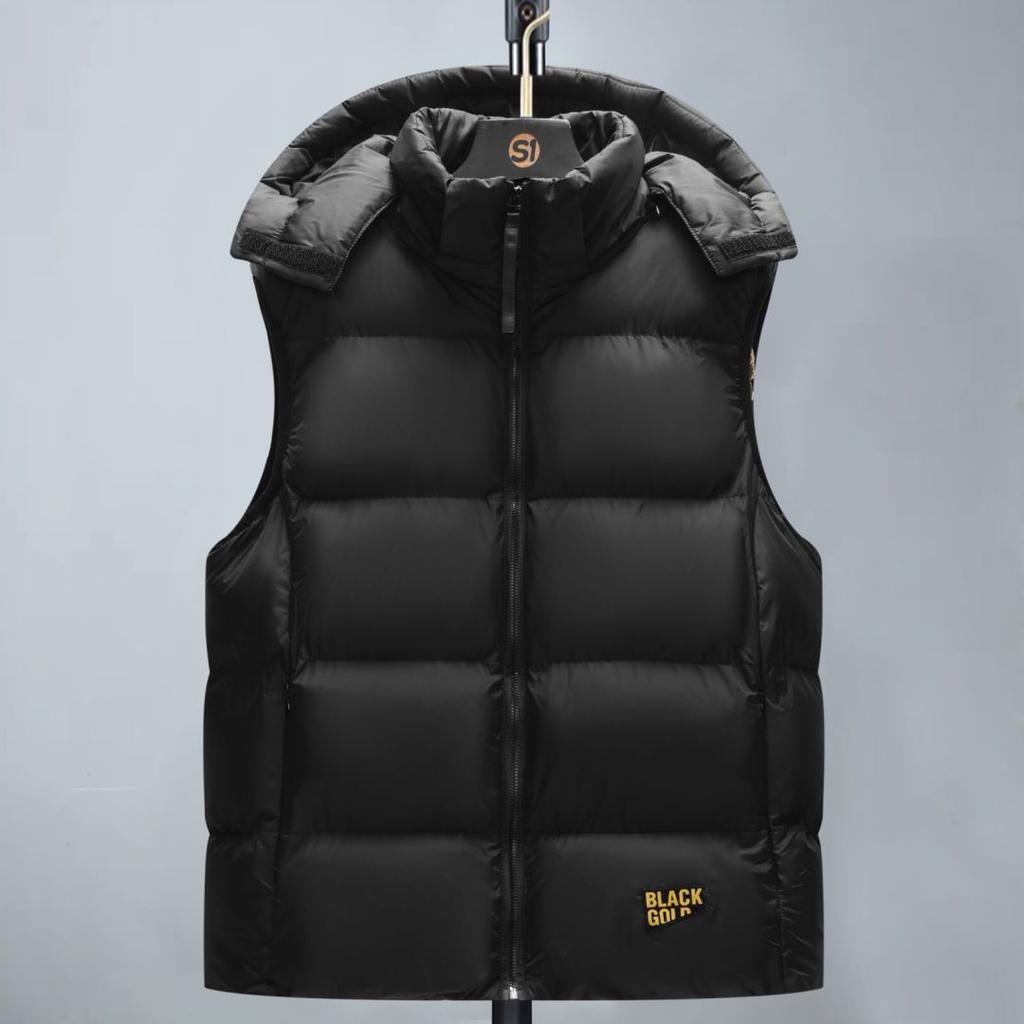 Winter Men's Fashionable Black Gold Graphite Thin Vest, High-quality Detachable Hat, Thick Cotton Coat