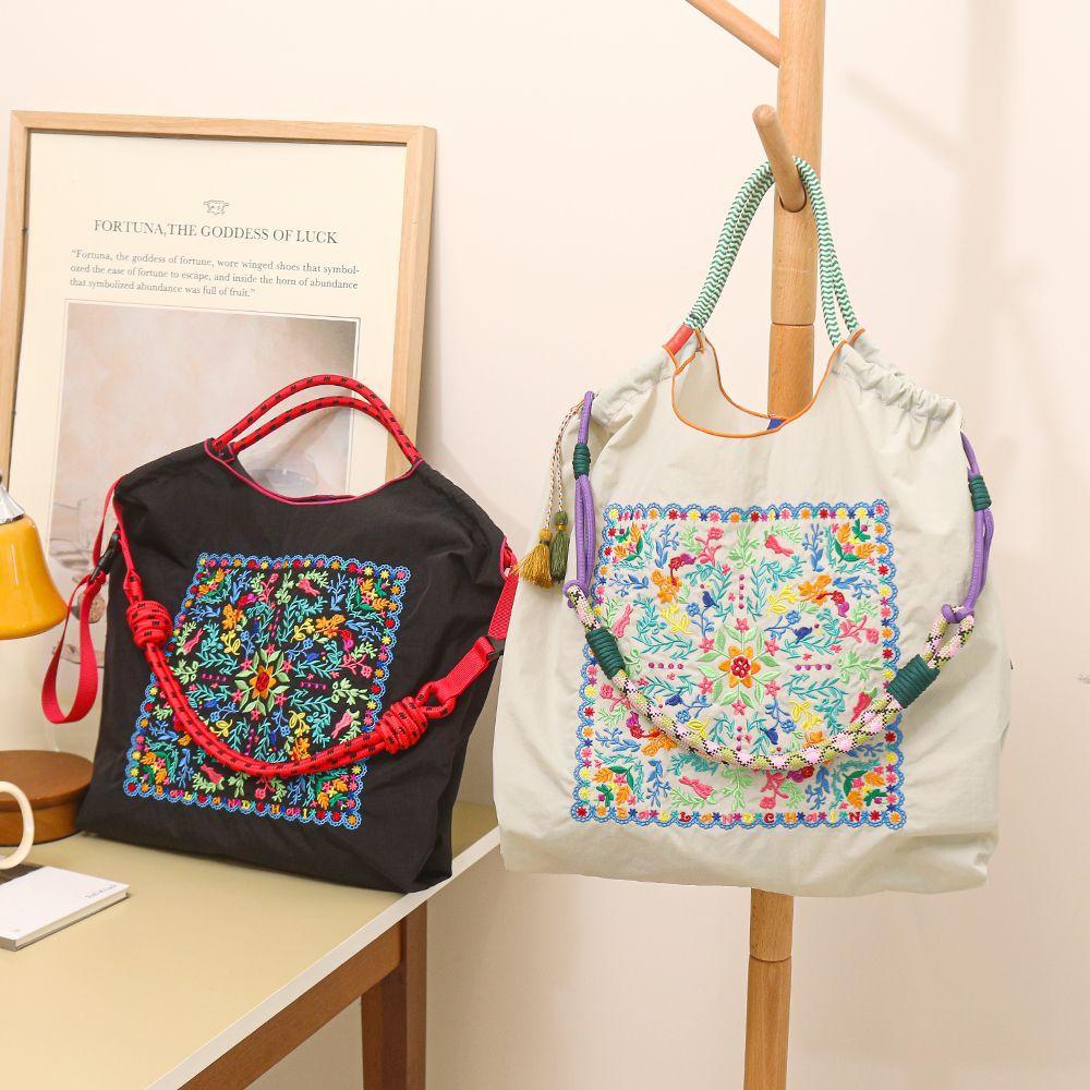 Japanese-Style Spring/Summer Embroidered Eco Shopping Bag for Women - Large Capacity Shoulder/Handheld/Crossbody Tote
