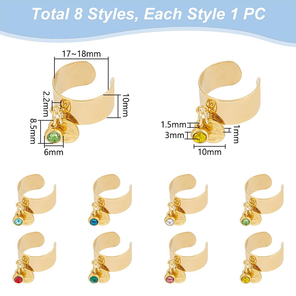 8Pcs 8 Color Birthstone Rhinestone & 201 Stainless Steel Flat Round Charm Rings Set 304 Stainless Steel Open Cuff Rings Golden Inner Diameter: 17~18mm