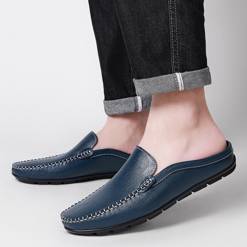 Fashion Casual Outdoor Mules Walking Shoes Lightweight Male Comfortable Loafers Men Casual Half Drag Men's Genuine Leather Slip-On Flats
