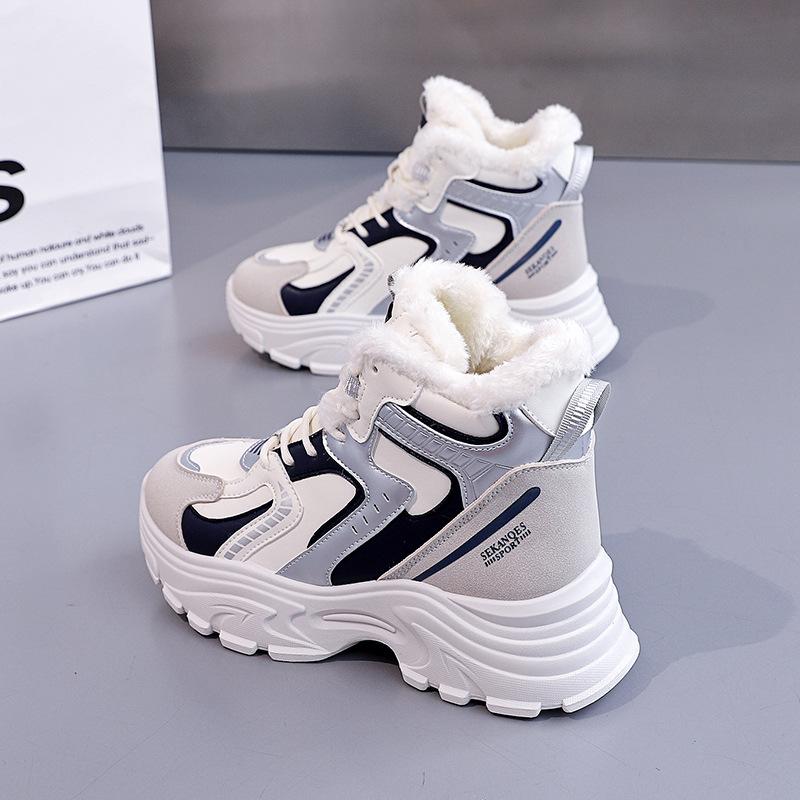 Women's high top large size soft sole fall and winter warm fur one snow boots padded lining non-slip hiking casual sports cotton boots