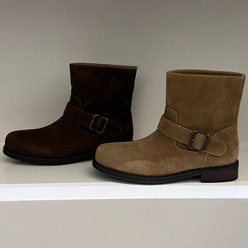 Fashion Women's Retro Buckle Western Cowboy Boots 2025 Autumn New Flat Ankle Boots Round Head Wide Tube Knight Boots Zapatos Mujer