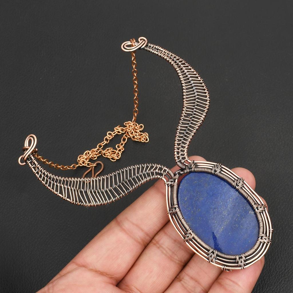 Handmade Lapis Lazuli Gemstone Copper Wire Wrapped Statement Necklace Boho Ethnic Pendant Jewelry for Women