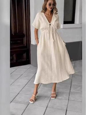 Nouvelle Robe d'Été 2025 à Col en V pour Femmes, Lâche, Couleur Unie, pour l'Europe et l'Amérique