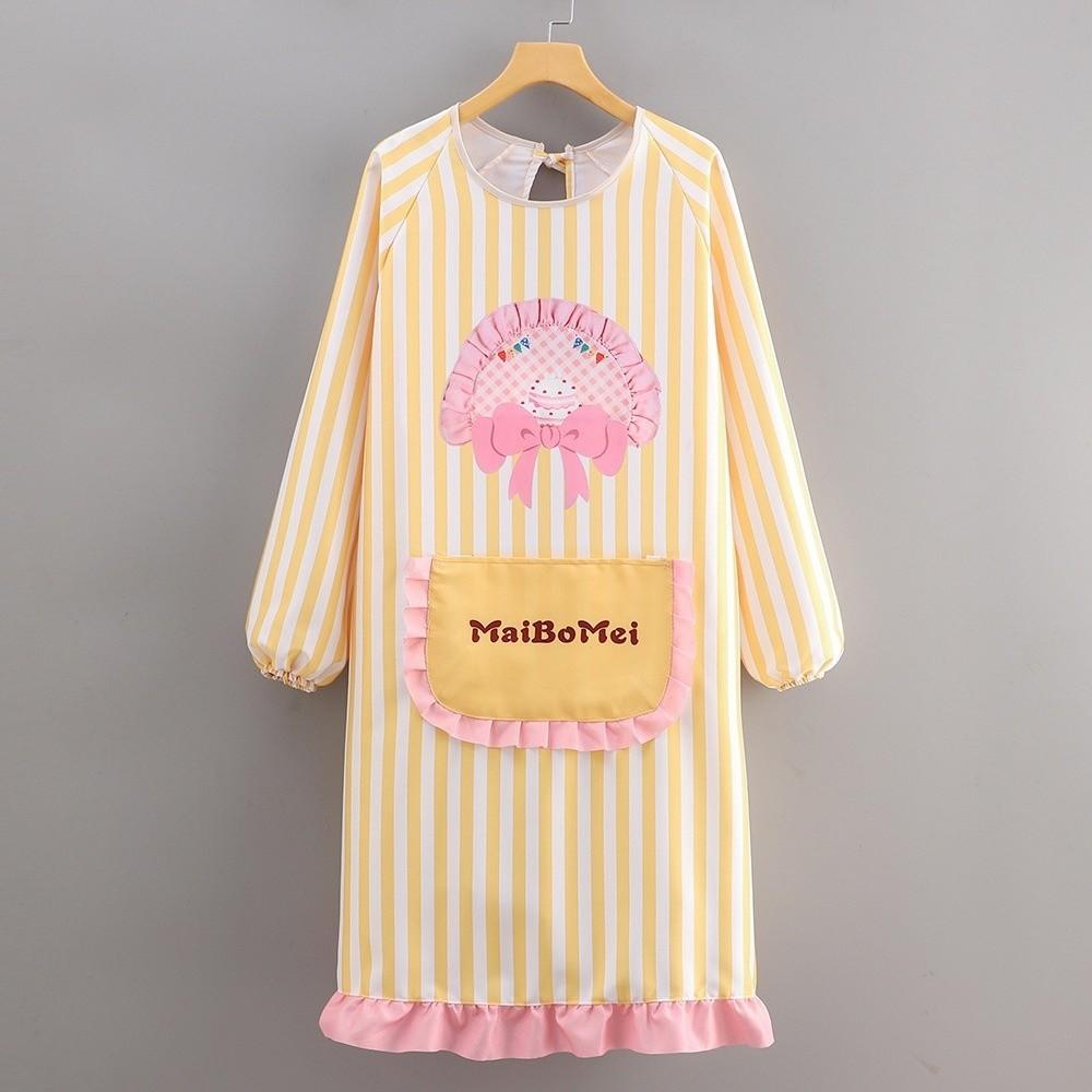 Polyester Cotton Dress Style Apron Stripes Waterproof Kitchen Cover Up Cute Bow Cake Oil-Resistant Cleaning Apron Kitchen Use