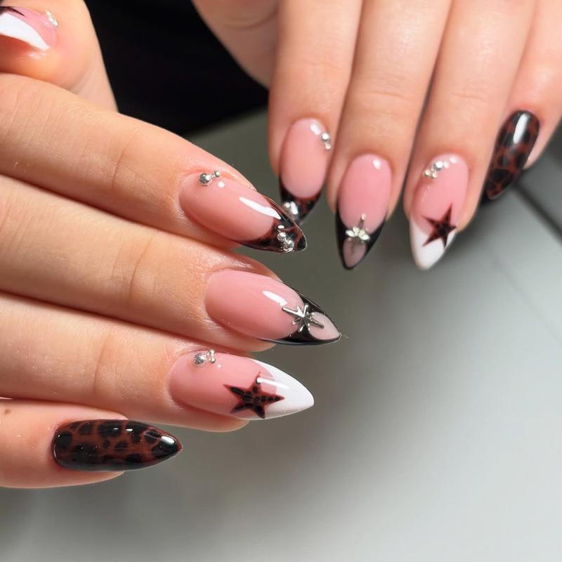 24PCS Sweet Glossy Nude Almond Press on Nails Y2k Brown Polka Dots Star False Nails Macaron Blue Pink Cat Eye Cute Nail Tips Art