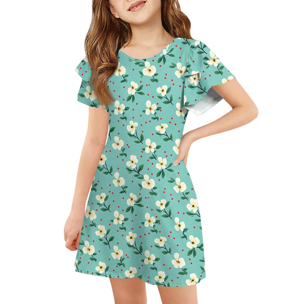 Girls' Ruffle Sleeve Dress - Round Neck Printed Sundress