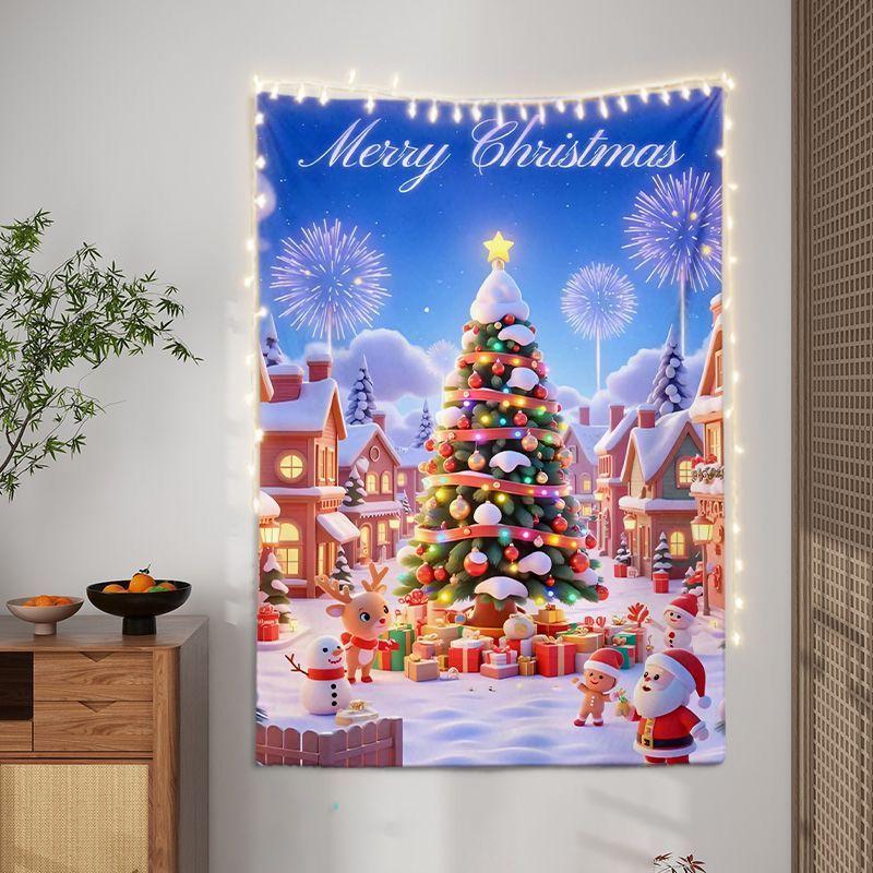 Cartoon Christmas Town Animal Wall Tapestry Santa Snowman Reindeer Gingerbread Tree Gift Merry Text Cute Holiday Home