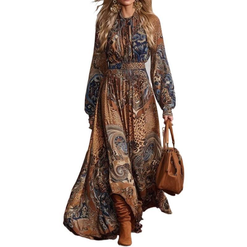 European and American new bohemian print large skirt with lantern sleeves and thin long-sleeved dress