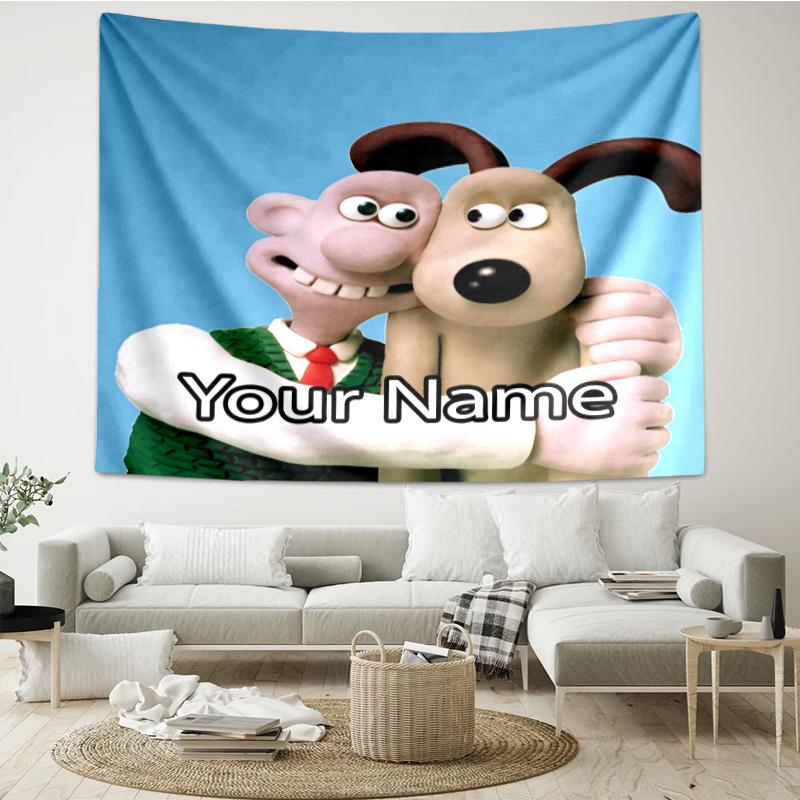 Custom Name Wallace & Gromit Print Tapestry, Backdrop, Easy Setup, Ideal for Bedroom, Office & Living Room, with Aesthetic Wall Hanging Decor.