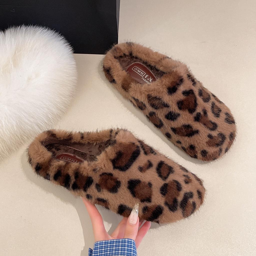 Winter Women Slippers Leopard Warm Fur Comfortable Clogs Soft Plush Flats Indoor Home Shoes Furry Casual Slippers Cotton Shoes