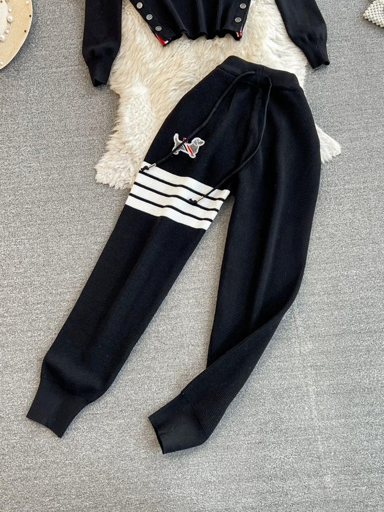 Jaro Podzim Ženy Pletený svetr Pruhované tepláky Módní Kreslený Psí výšivka Pulovr Topy a délka ke kotníkům Dvoudílná sada kalhot