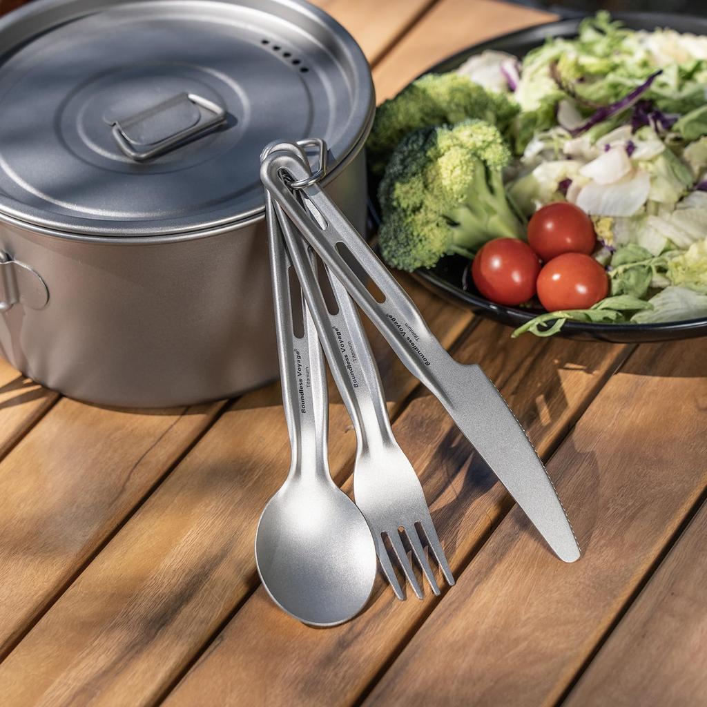 Boundless Voyage Titan Besteckset mit Messer und Karabiner Langlebig und Titan Outdoor Camping Besteck Camping Aufbewahrungstasche inklusive Besteck