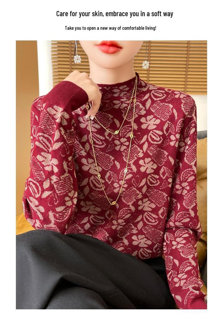 Dark Floral Half-High Collar Sweater for Women - Autumn/Winter Knitwear, Versatile Stylish Base Layer Top