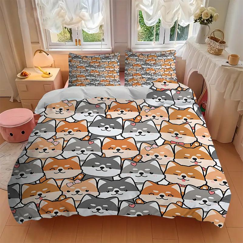 3pcs Cute Cartoon Dogs Quilt Cover Set (1 Quilt Cover + 2 Pillowcases Without Pillow Core)