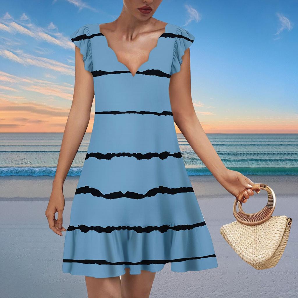 Women's Fashion Casual V Neck Wavy Edge Striped Plaid Print Short Sleeve Dress