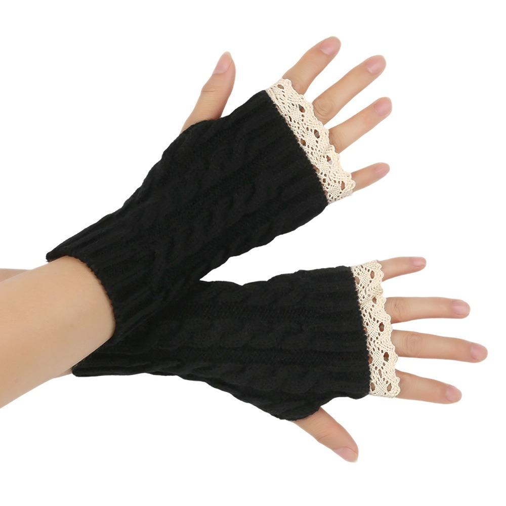 Long Fingerless Mittens Lace Trim Women Knitted Gloves Fashion Wrist Mittens Women Use