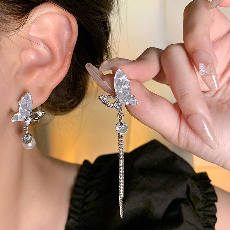 Asymmetrical Crystal Butterfly Tassels Ear Stud Earrings