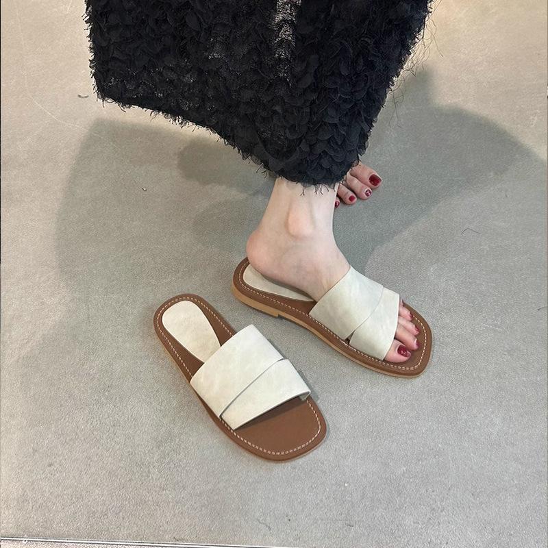Sheepskin one-word slippers women's summer wear Korean version French evening breeze with skirt temperament soft leather flat-bottomed cool slippers