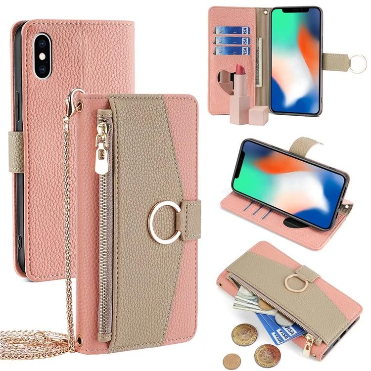 

For iPhone X / XS Leather Case Phone Cover Wallet Card Bag with Mirror and Shoulder Strap