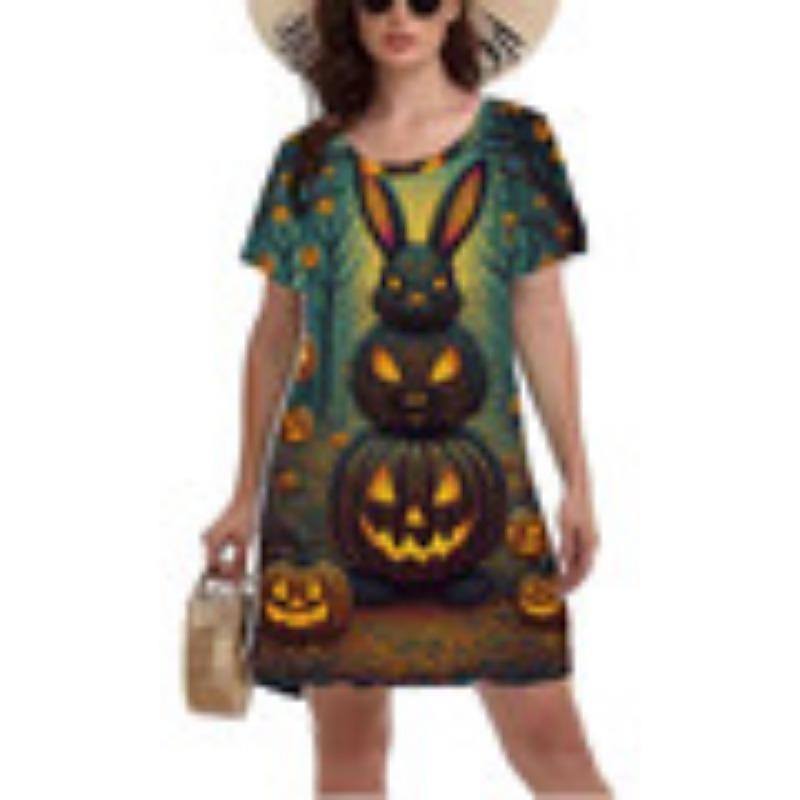 3D Vintage Osobnost Růže Lebka Tištěné Šaty Dámské Krátký Rukáv O-Výstřih Ležérní Šaty Dámské Halloweenská Párty Mini Šaty