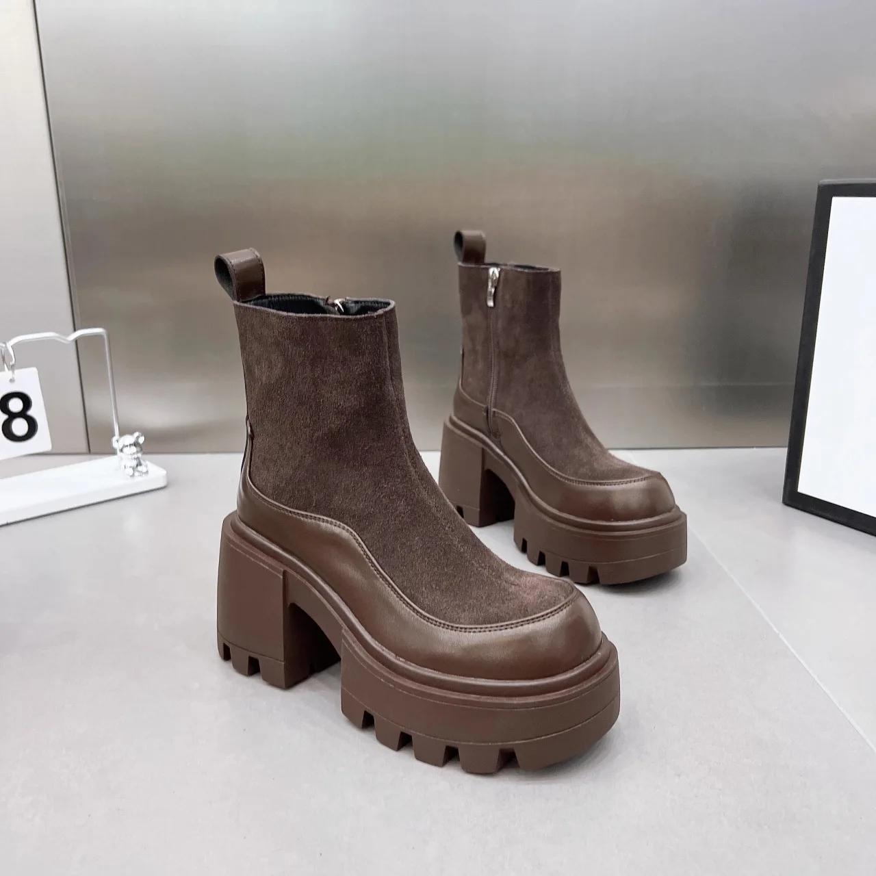 

Весна и осень Новый стиль Цветные блоки Толстая подошва Толстый каблук Увеличенная высота Круглый нос Короткие сапоги Высокие каблуки 38 коричневый