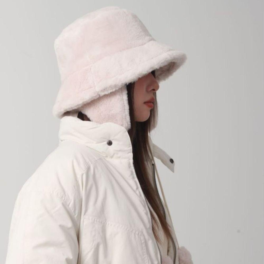 Solid Color Winter Fisherman Hat Anti-cold Plush Bucket Cap Ear Protection Cap  Outdoor